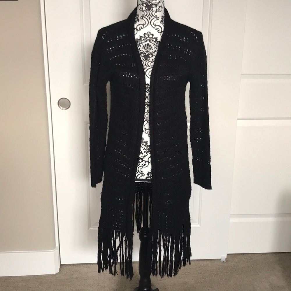 Long black sweater/cardigan with fringe