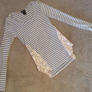 Stripe grey and white top with crochet sides