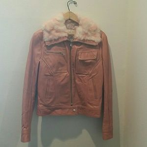 Vintage Pink Italian Leather Jacket Fur Collar