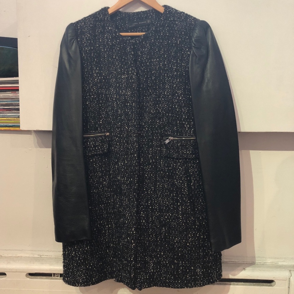 Zara Women tweed coat with real leather sleeves L