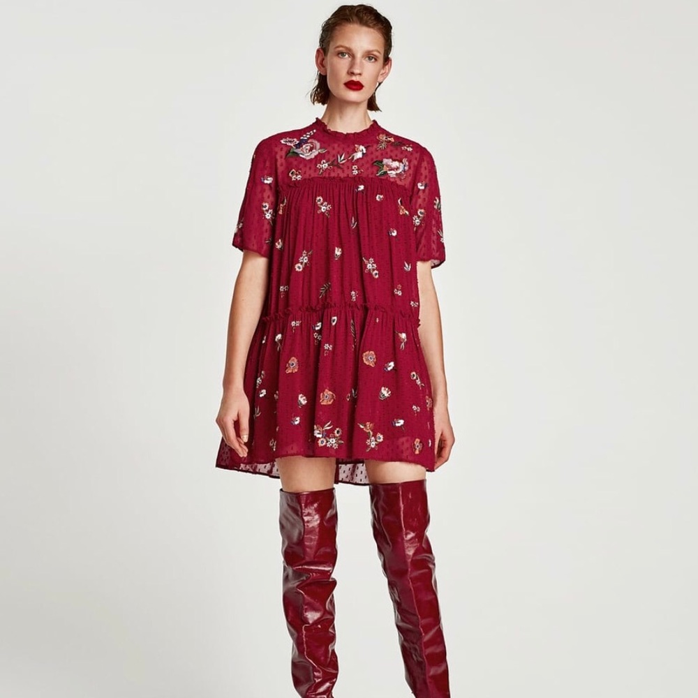 NWT Zara Embroidered Floral Dotted Mesh Dress (M)