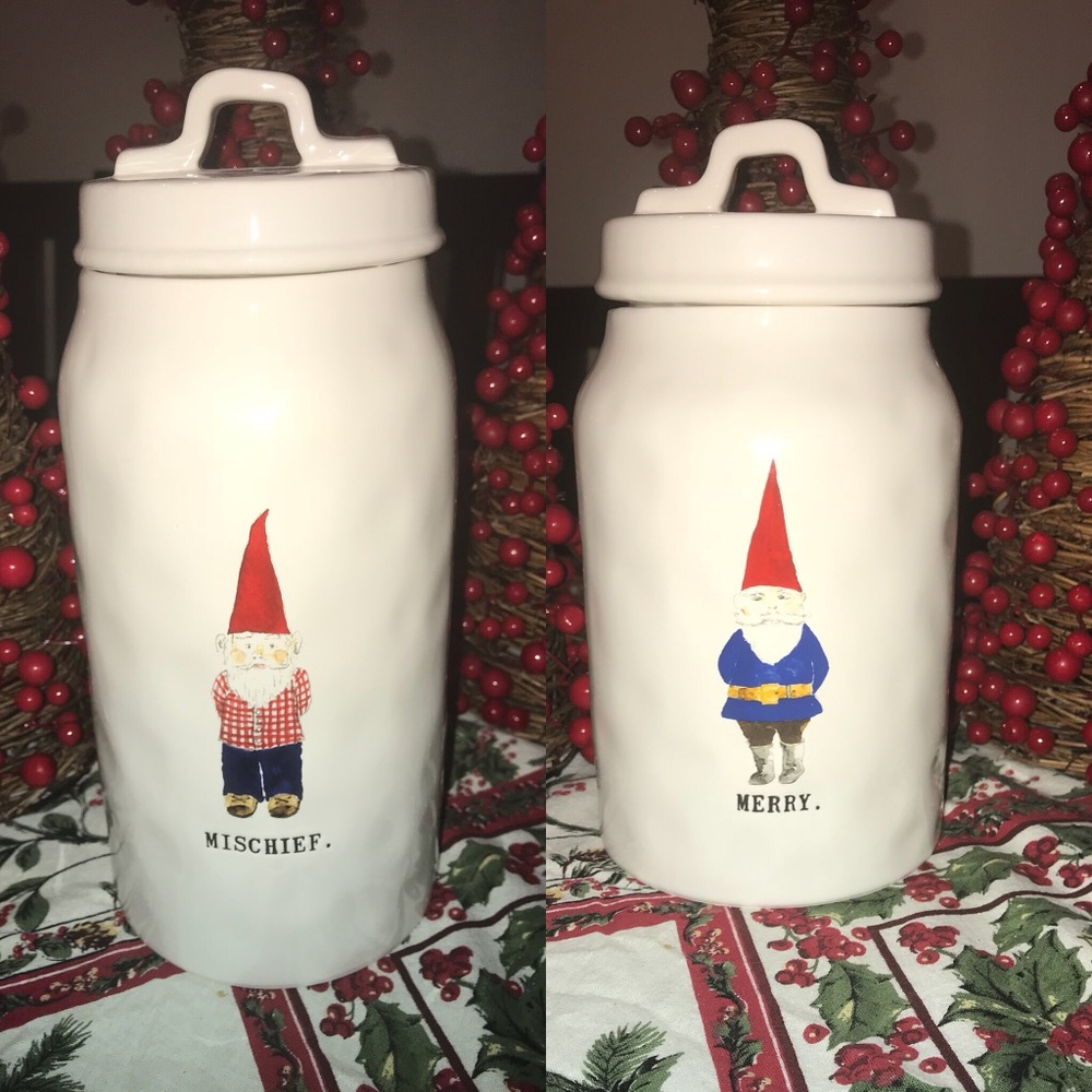 SET 2 Rae Dunn Gnome Canisters Mischief and Merry