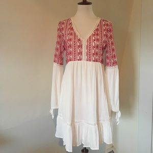 Xhilaration White Babydoll Dress w/ Red Embroidery
