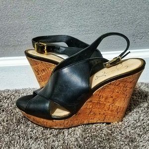 Black leather cork wedges