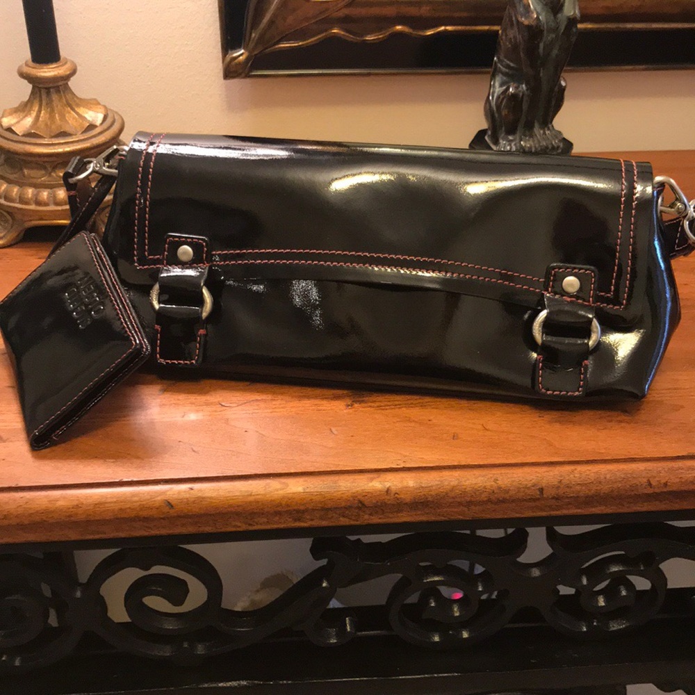 Black patent leather handbag
