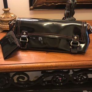 Black patent leather handbag