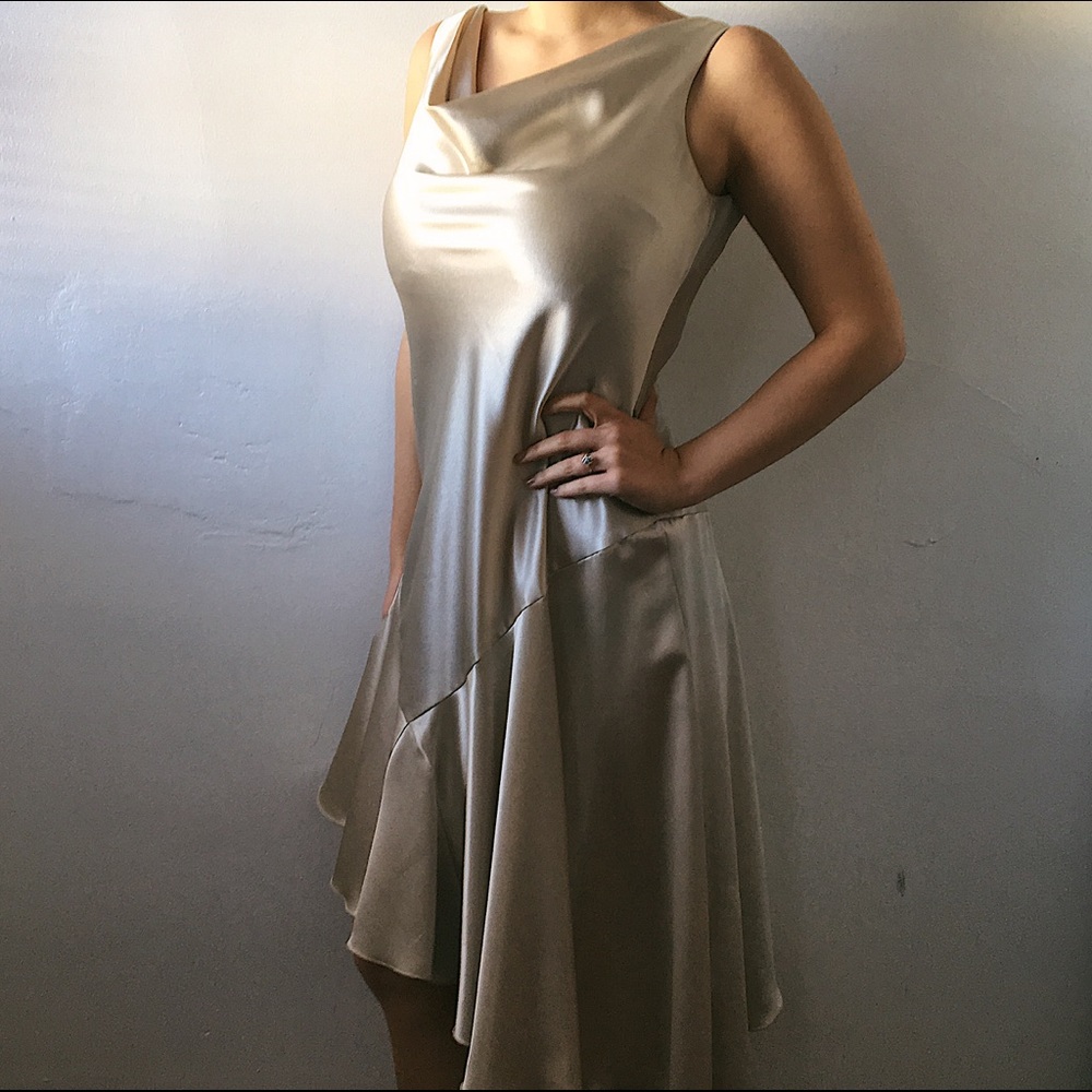 Vintage 90s Champagne Shiny Drop Waist Cowl Dress