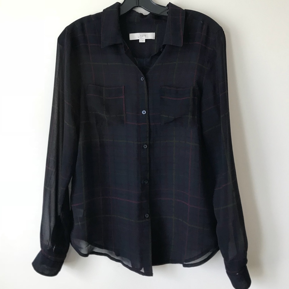 LOFT Navy, burgundy, green plaid sheer blouseEUC