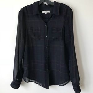 LOFT Navy, burgundy, green plaid sheer blouseEUC