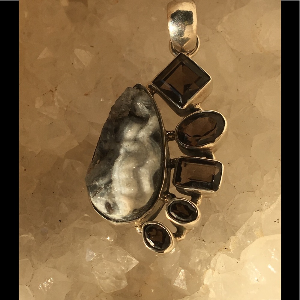 Sterling Silver Smoky Quartz and Drusy Pendant