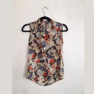 Theory 100% Silk Floral High Neck Blouse Petite