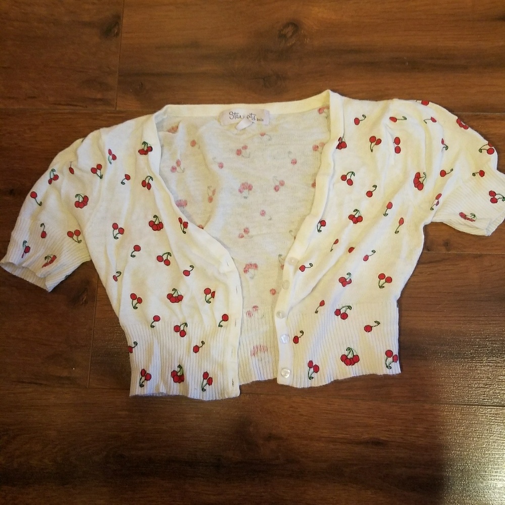 White Cherry Print Cropped Cardigan