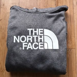 Gray and white North Face hoodie