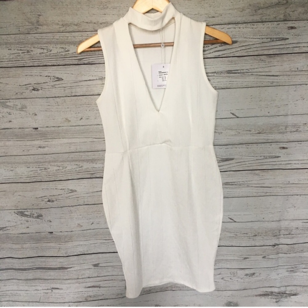 Misguided White Ribbed Bodycon Choker Dress