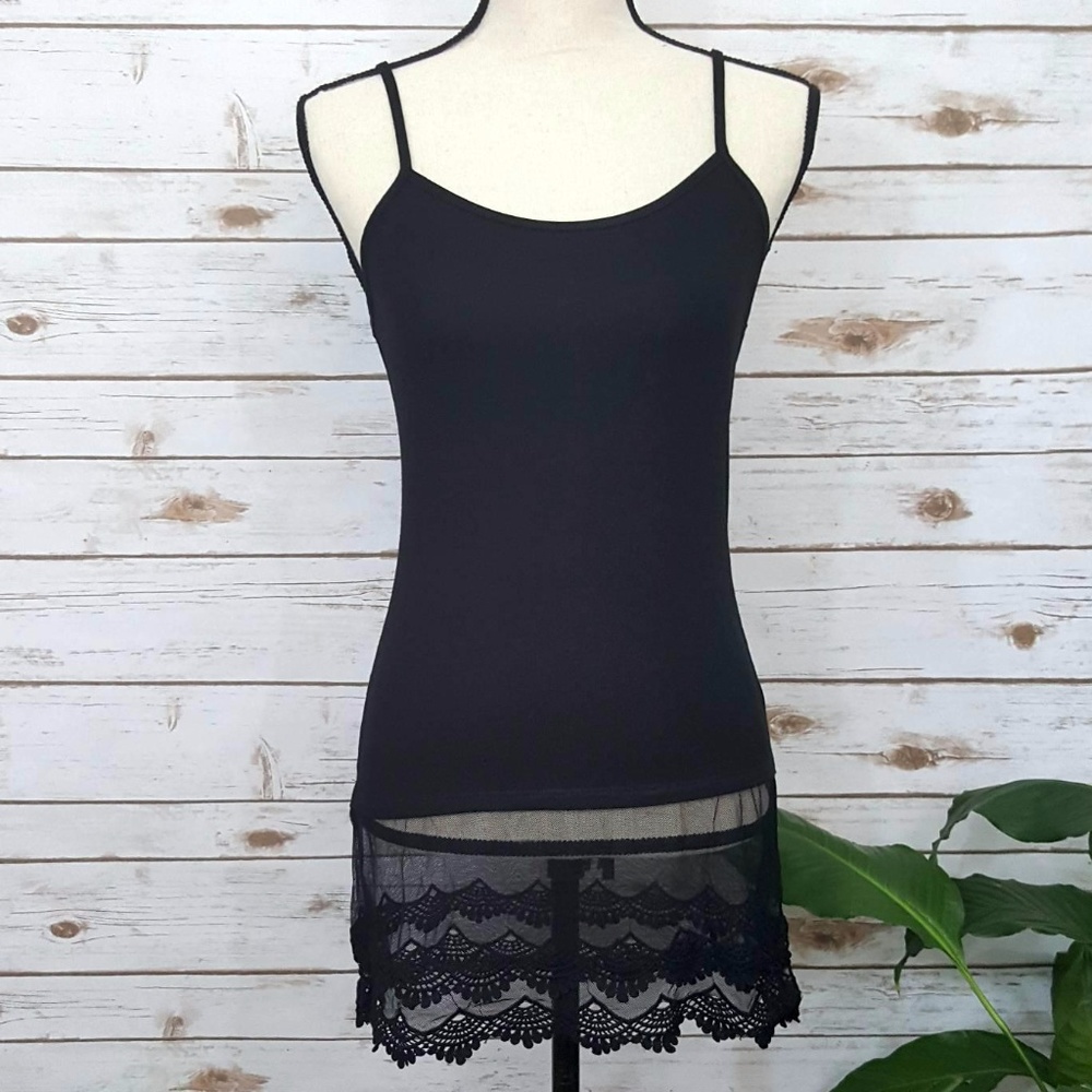 Cami Slip Top Tank with Lace Extension - Black
