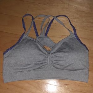 Gray and purple sports bra