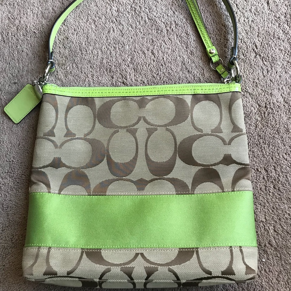 Tan and green Coach bag