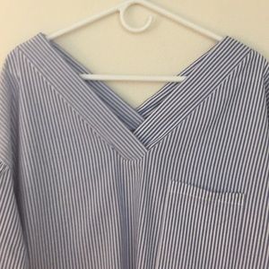 Pinstripe Balloon Sleeve V Neck Blouse