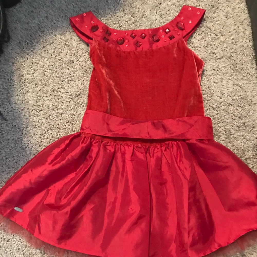 American Girl red dress and black faux fur jacket
