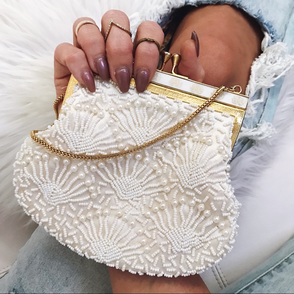 Vintage Gold, Pearl, Oyster Shell & Beaded Clutch