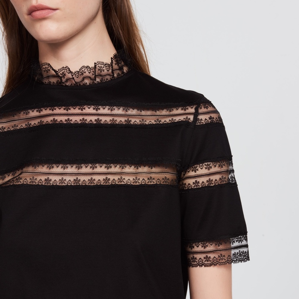 Sandro Cottons T-Shirt With Lace Inset