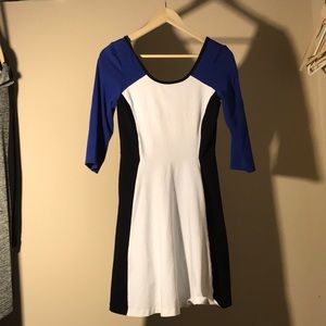 White, blue, and black dress.