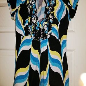 Yellow, blue, black and white short sleeve blouse