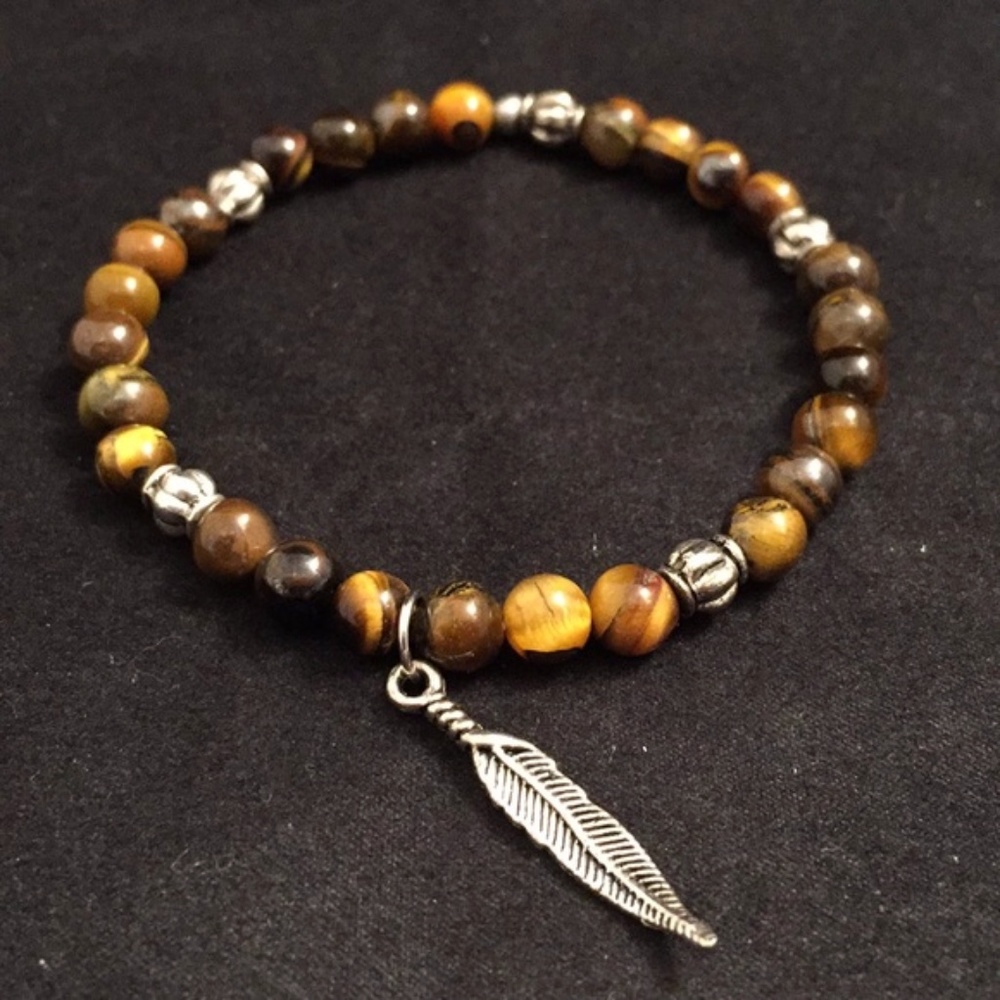 Tigers Eye w/ feather charm bracelet 7" HARMONY