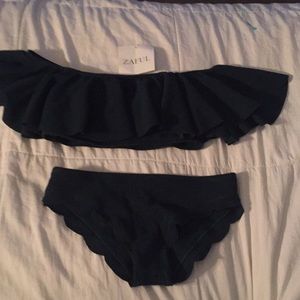 Scalloped off the shoulder deep green bikini