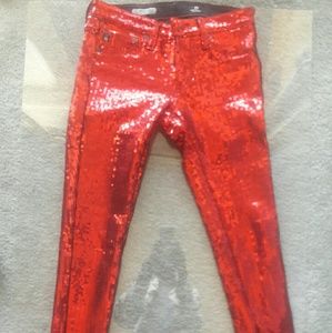 AG red sequin stretch skinny jeans