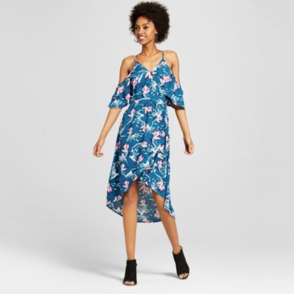 teal Floral Cold Shoulder Wrap Midi Dress