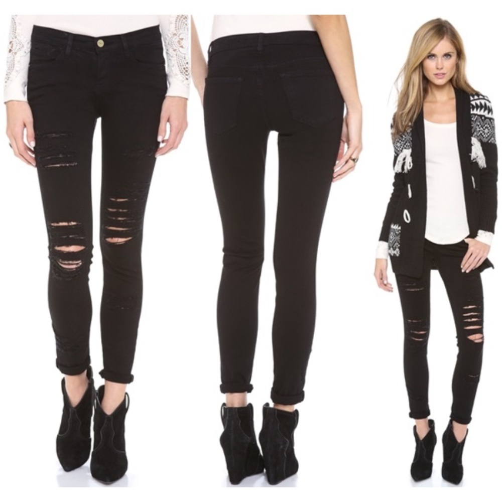 FRAME Le Color Rip Skinny Jeans in black