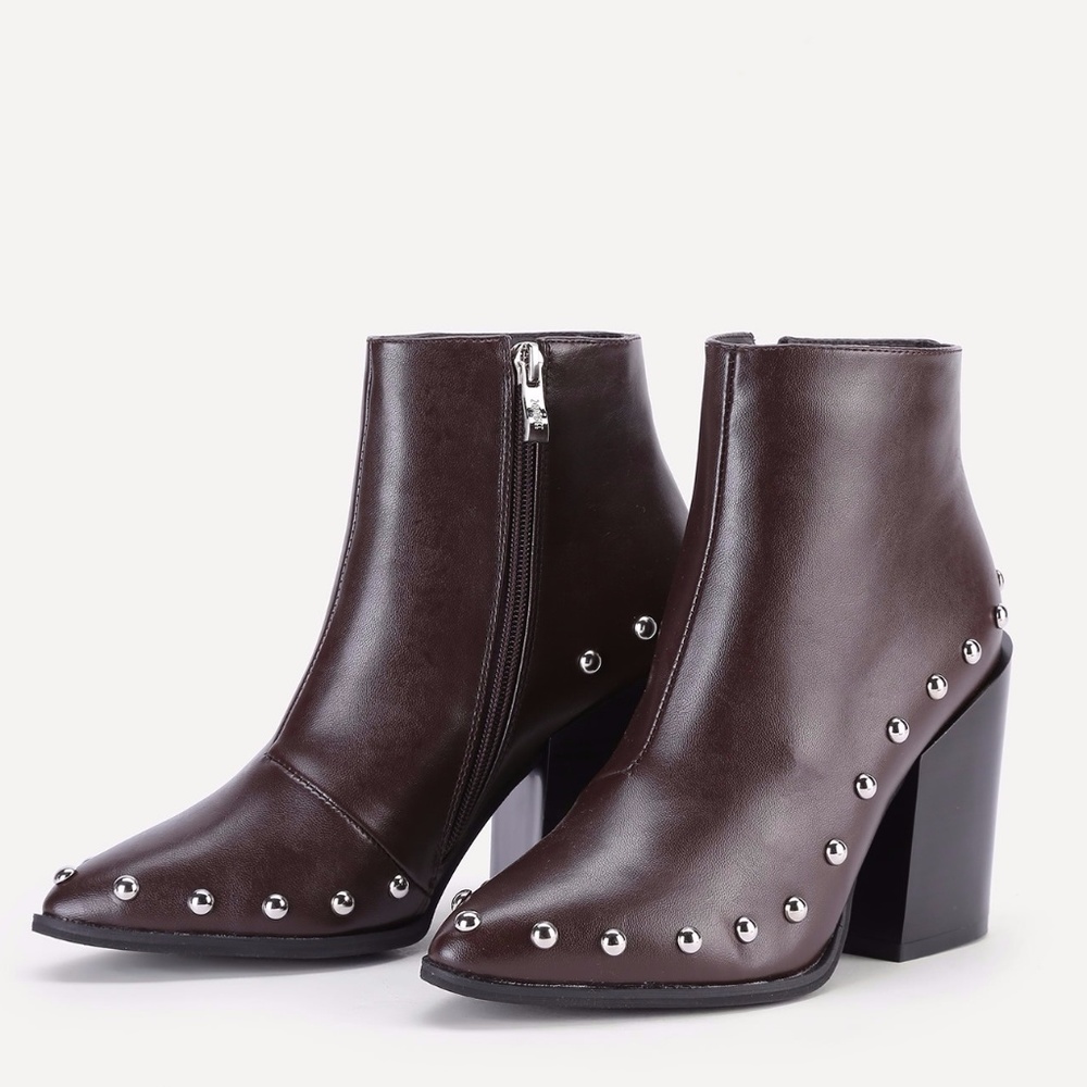 Chunky Heeled Studded Trim Ankle Boots