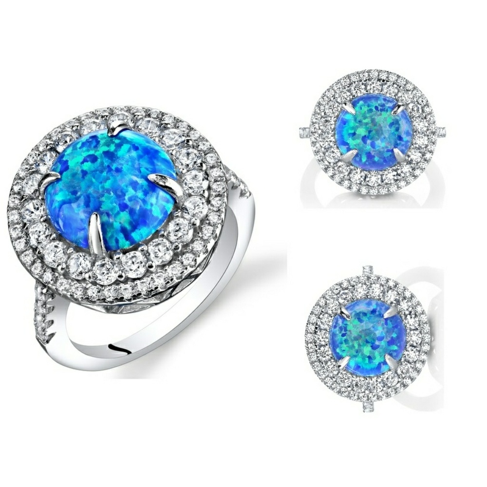 Silver Blue Opal Double Halo Statement Ring