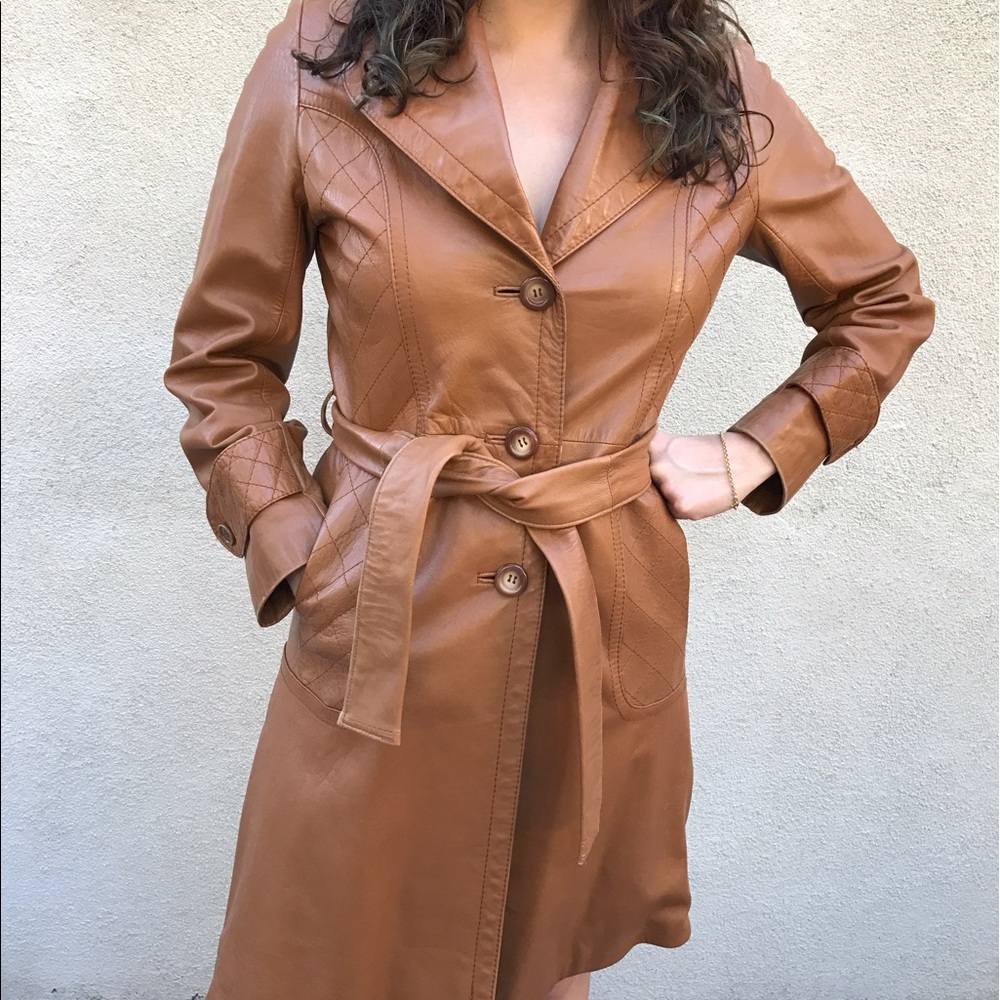 Genuine Tan Leather vintage trench coat