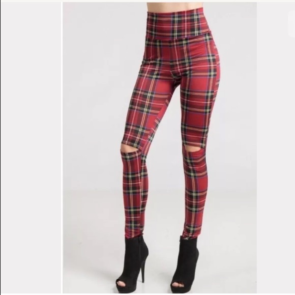 Red Plaid High Waist Knee Cutout Slit Leggings - Picture 2 of 8