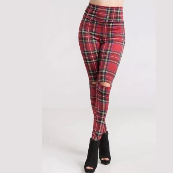 Red Plaid High Waist Knee Cutout Slit Leggings - Picture 3 of 8
