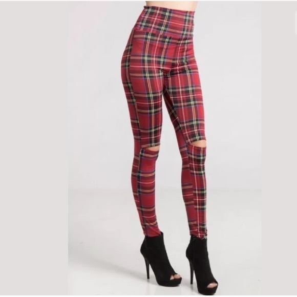 Red Plaid High Waist Knee Cutout Slit Leggings - Picture 4 of 8
