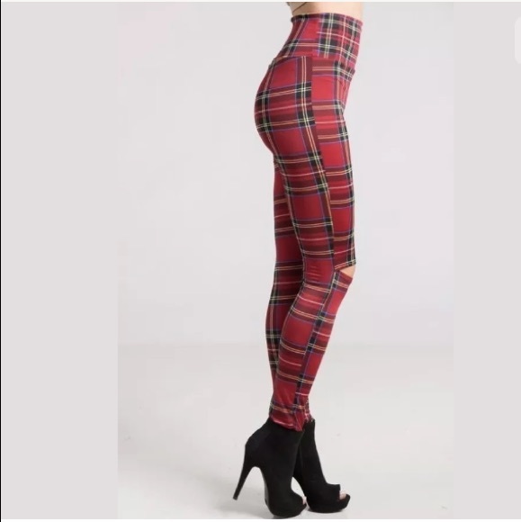 Red Plaid High Waist Knee Cutout Slit Leggings - Picture 5 of 8