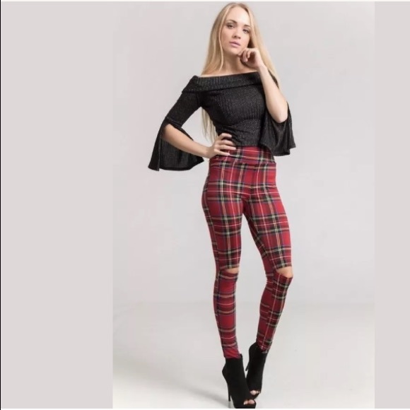 Red Plaid High Waist Knee Cutout Slit Leggings - Picture 6 of 8