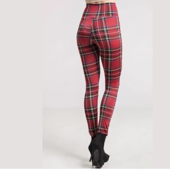 Red Plaid High Waist Knee Cutout Slit Leggings - Picture 7 of 8