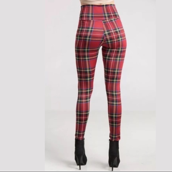 Red Plaid High Waist Knee Cutout Slit Leggings - Picture 8 of 8