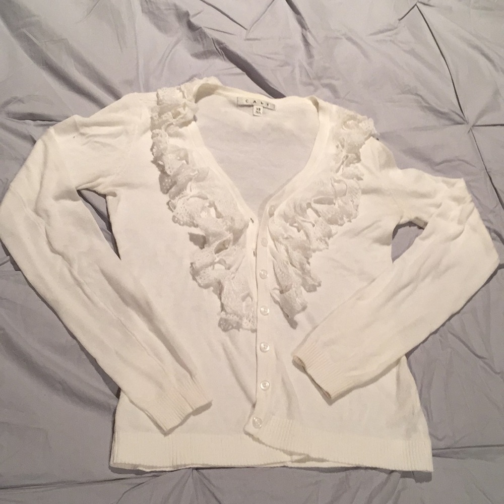 White CAbi cardigan with ruffle