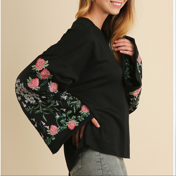 Umgee Sweaters - Oversized Floral Embroidered Bell Sleeve Sweater