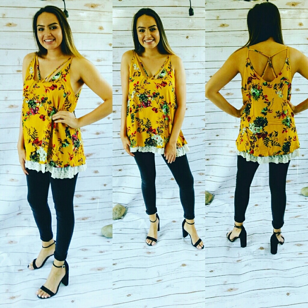 Mustard floral tank with lace trim