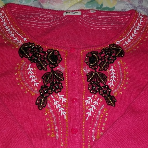 Joy vs Happiness Light sweater w/ hand-made beads - Picture 3 of 5