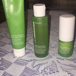 Olehenriksen cleanser, toner, and moisturizer