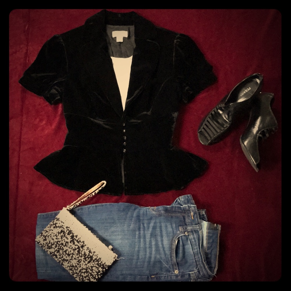 **LOFT** Black Velvet, Six Button Blazer w/Peplum
