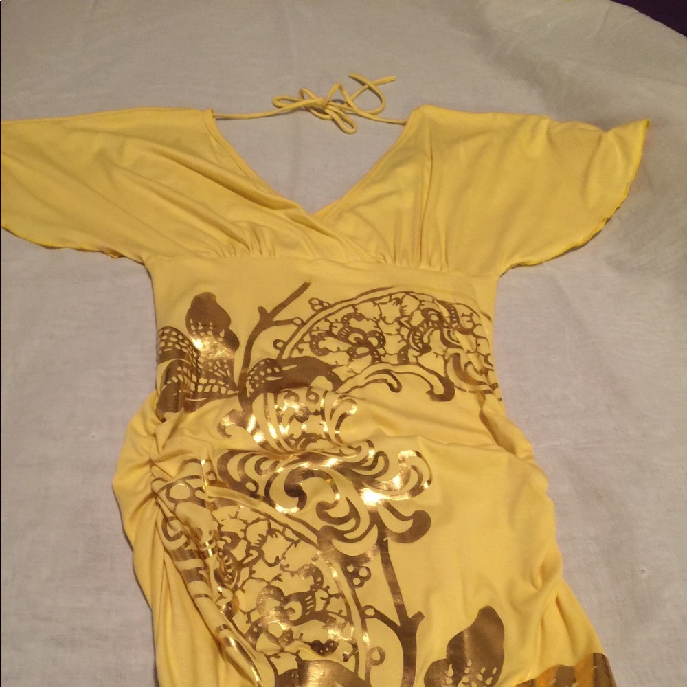 YELLOW WITH GOLD FOIL PRINT DRESS/TUNIC