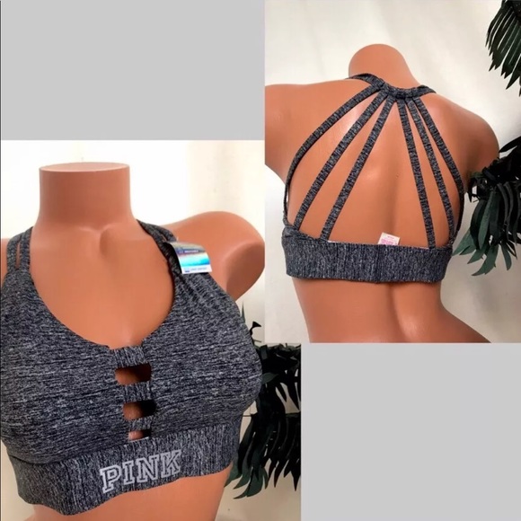 PINK Victoria's Secret Other - VS PINK L CAGED STRAPPY MARLED GRAY SPORTS BRA